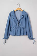 Denim Lapel Neck Balloon Sleeve Tied Peplum Top