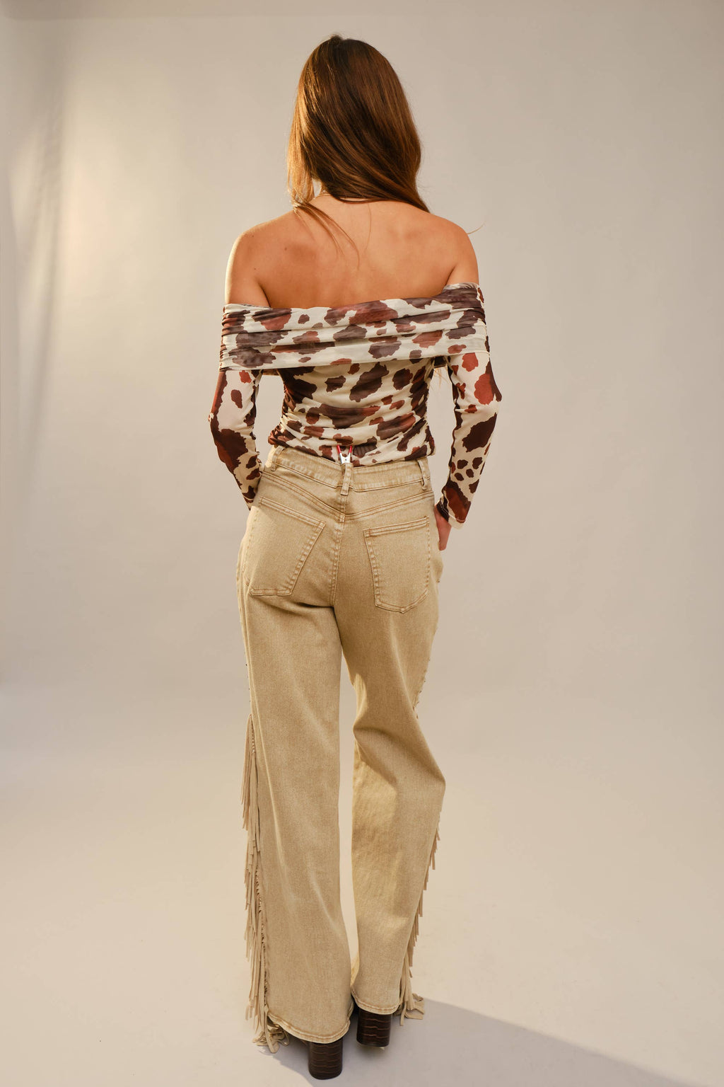 Cow Print Mesh Off Shoulder Top