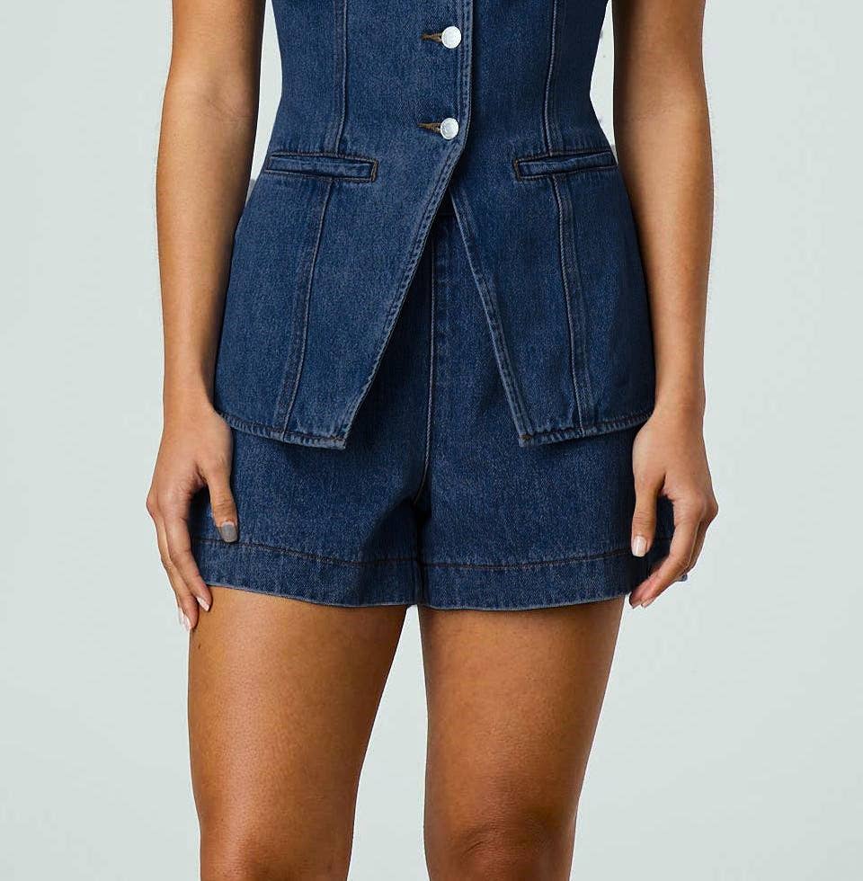 Denim V-Neck Vest And Shorts Set