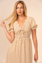 Short Sleeve Lace Scalloped Midi Dress