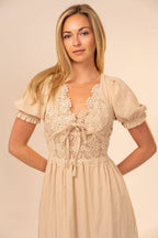 Short Sleeve Lace Scalloped Midi Dress