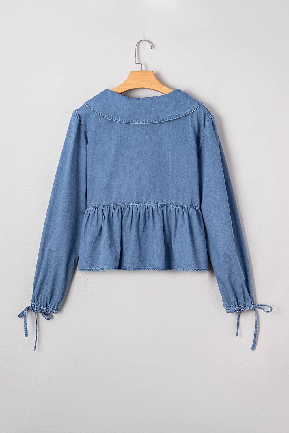 Denim Lapel Neck Balloon Sleeve Tied Peplum Top