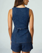 Denim V-Neck Vest And Shorts Set