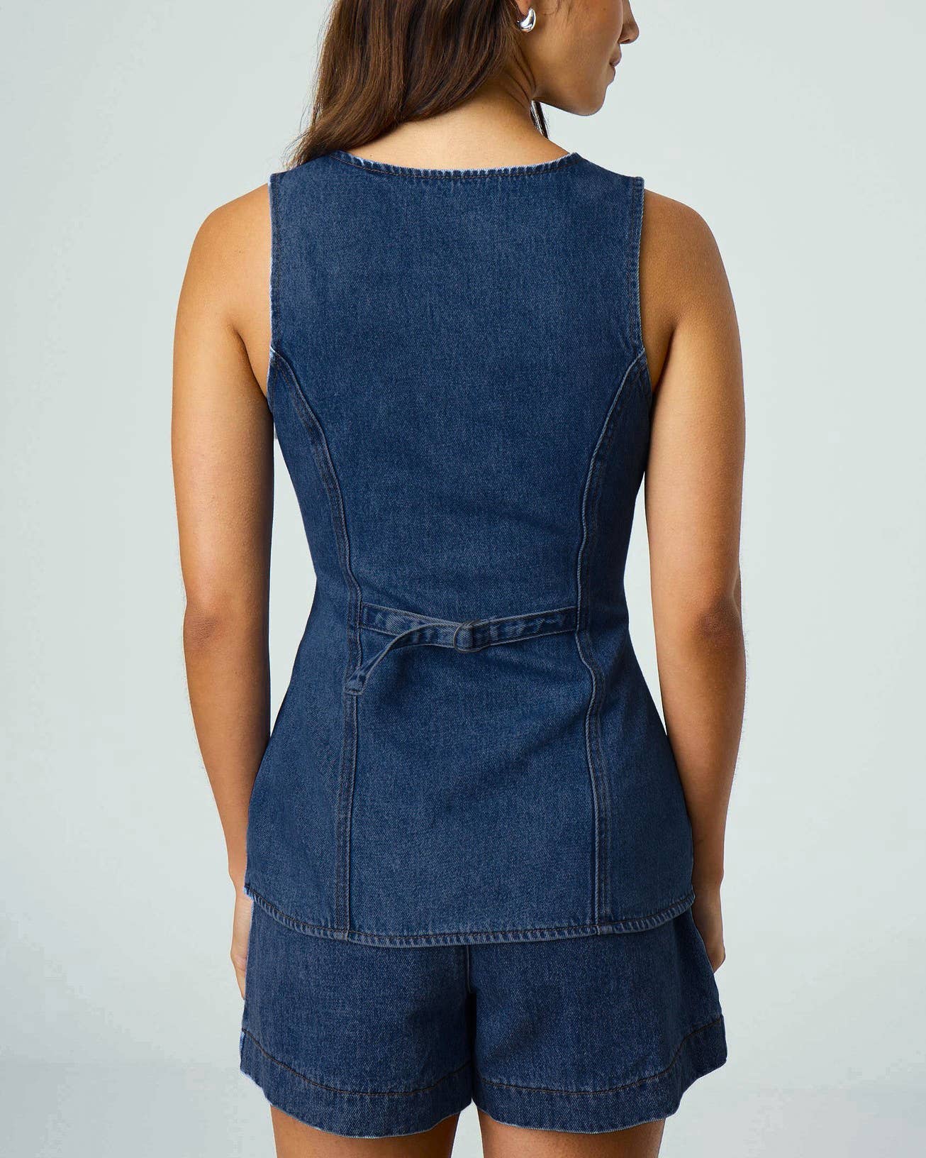 Denim V-Neck Vest And Shorts Set