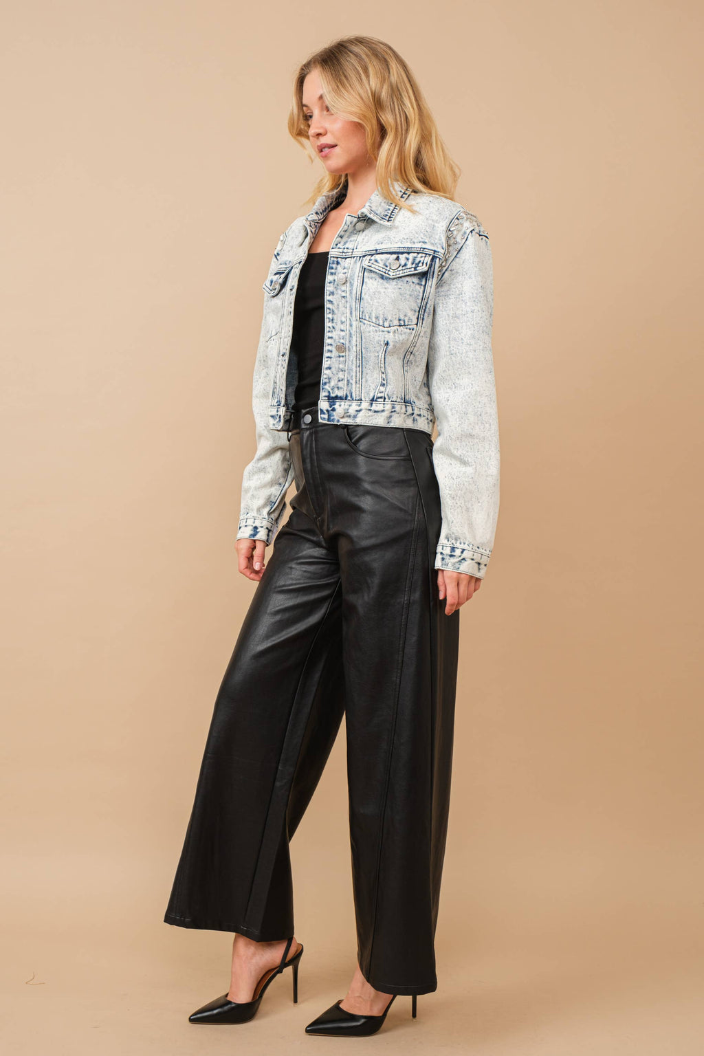 Acid Washed Shoulder Beading Denim Jacket