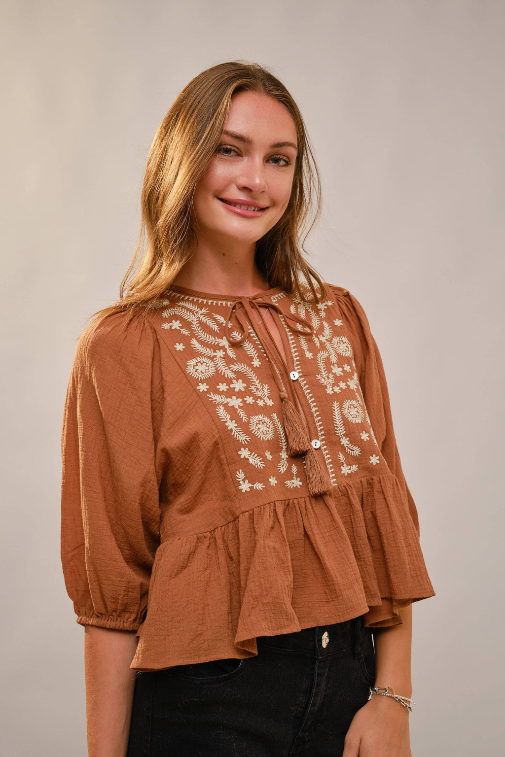 Puff Sleeve Embroidered Peplum Blouse