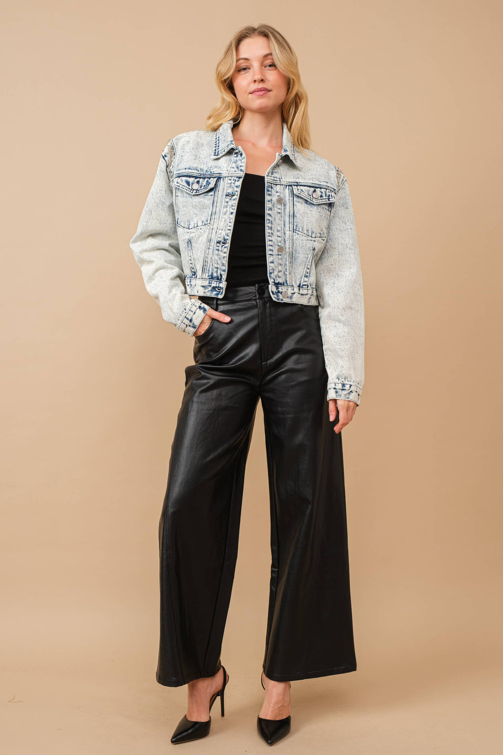 Acid Washed Shoulder Beading Denim Jacket