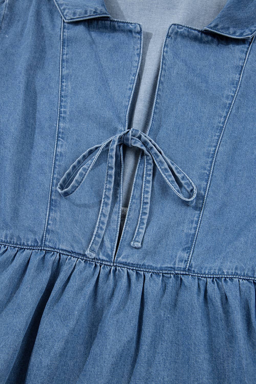 Denim Lapel Neck Balloon Sleeve Tied Peplum Top