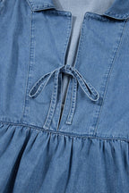 Denim Lapel Neck Balloon Sleeve Tied Peplum Top