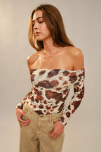 Cow Print Mesh Off Shoulder Top