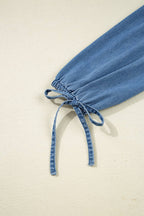 Denim Lapel Neck Balloon Sleeve Tied Peplum Top