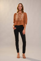 Puff Sleeve Embroidered Peplum Blouse