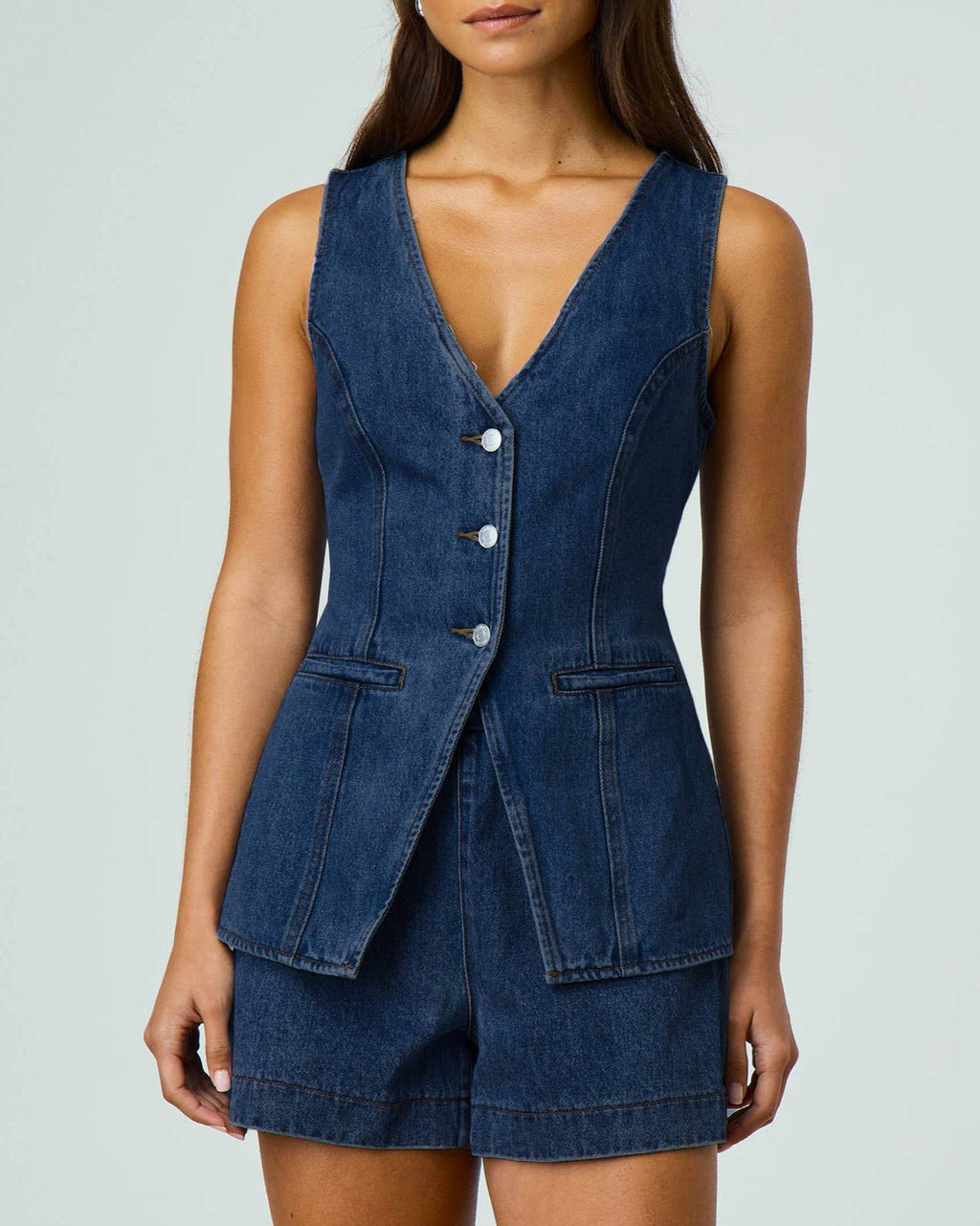 Denim V-Neck Vest And Shorts Set