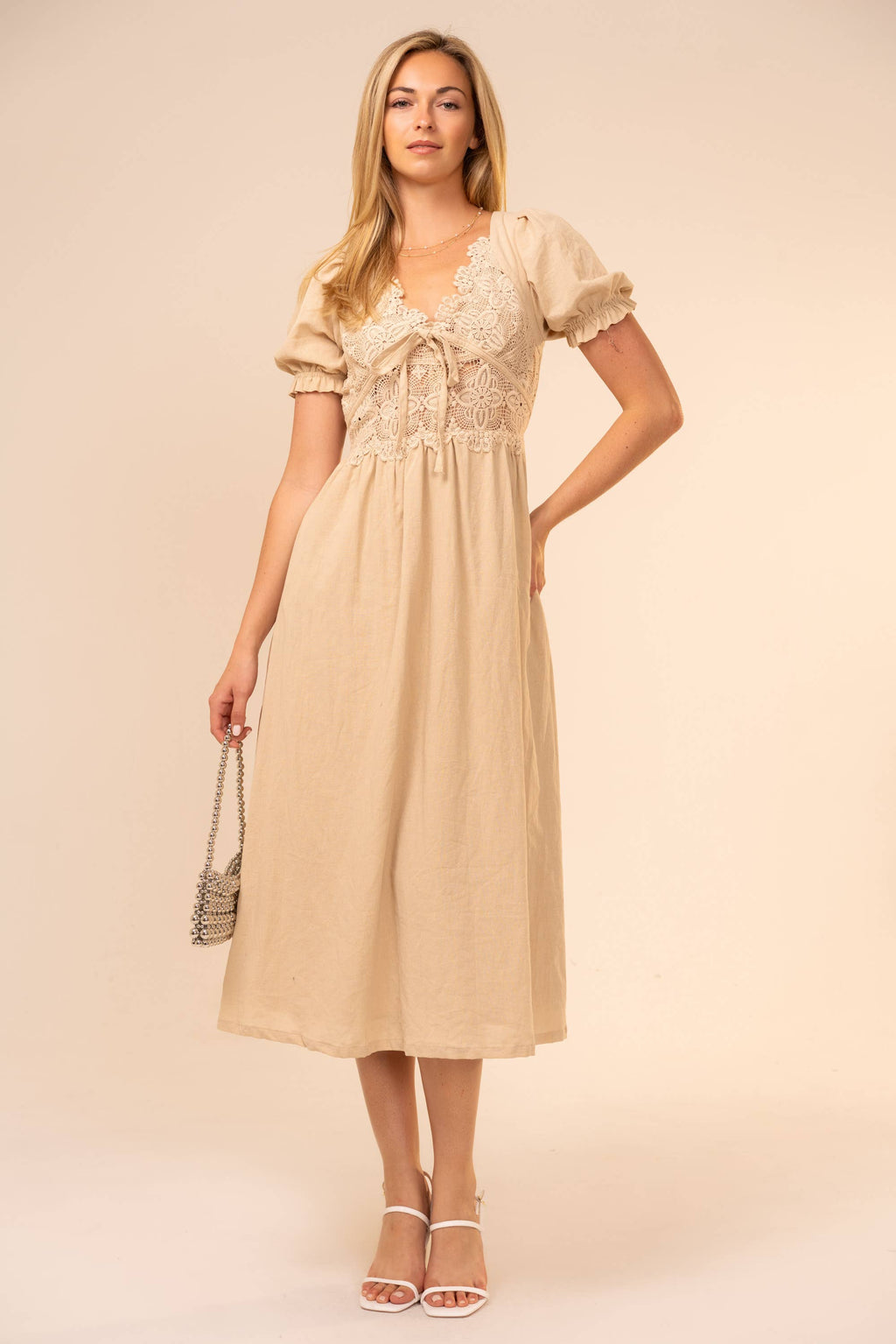 Short Sleeve Lace Scalloped Midi Dress