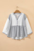 Stripe Button Gauze Bracelet Sleeve Babydoll Blouse