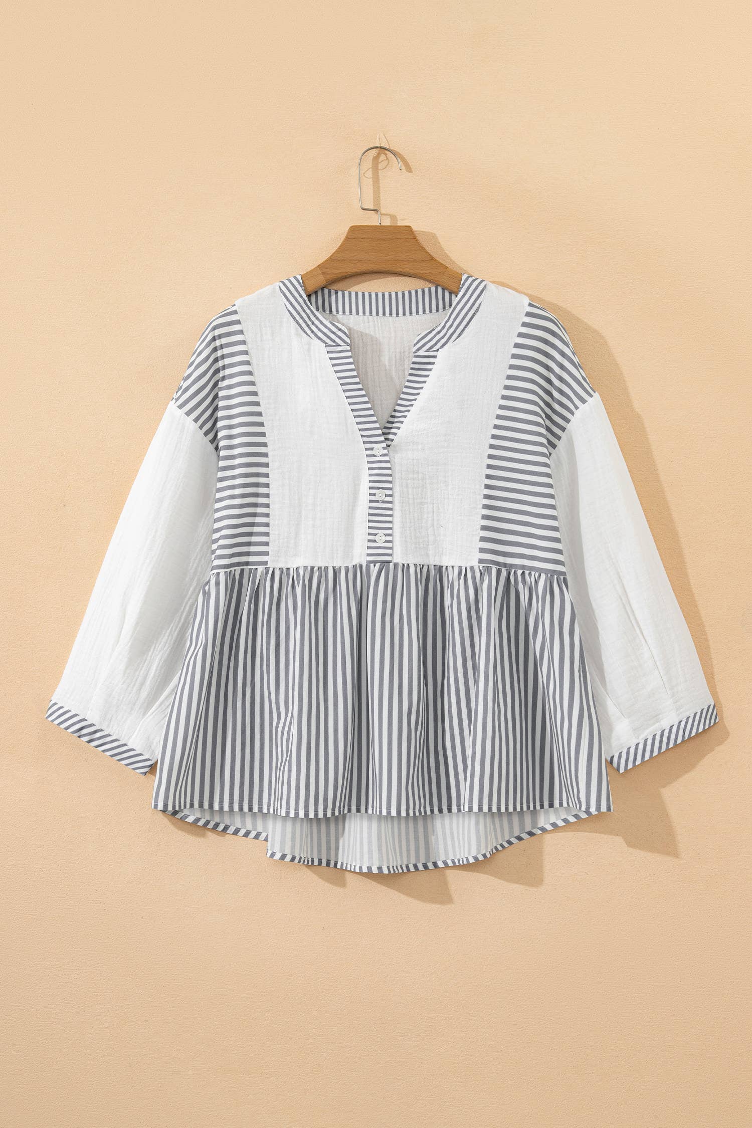 Stripe Button Gauze Bracelet Sleeve Babydoll Blouse
