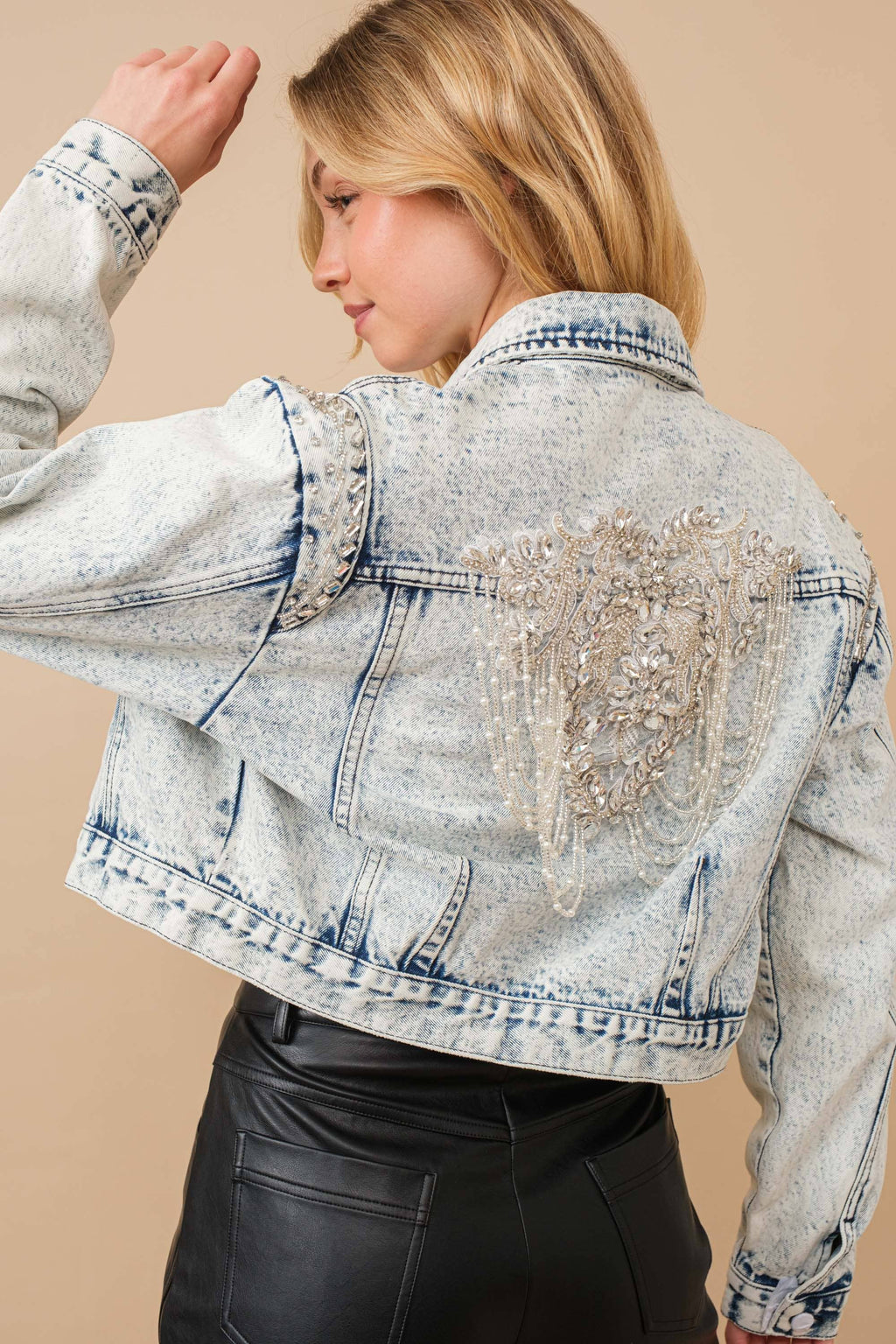 Acid Washed Shoulder Beading Denim Jacket