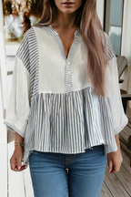 Stripe Button Gauze Bracelet Sleeve Babydoll Blouse