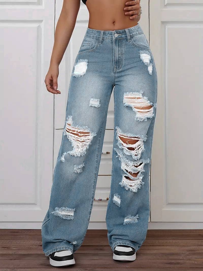 High-Waisted Straight-Leg Ripped Jeans
