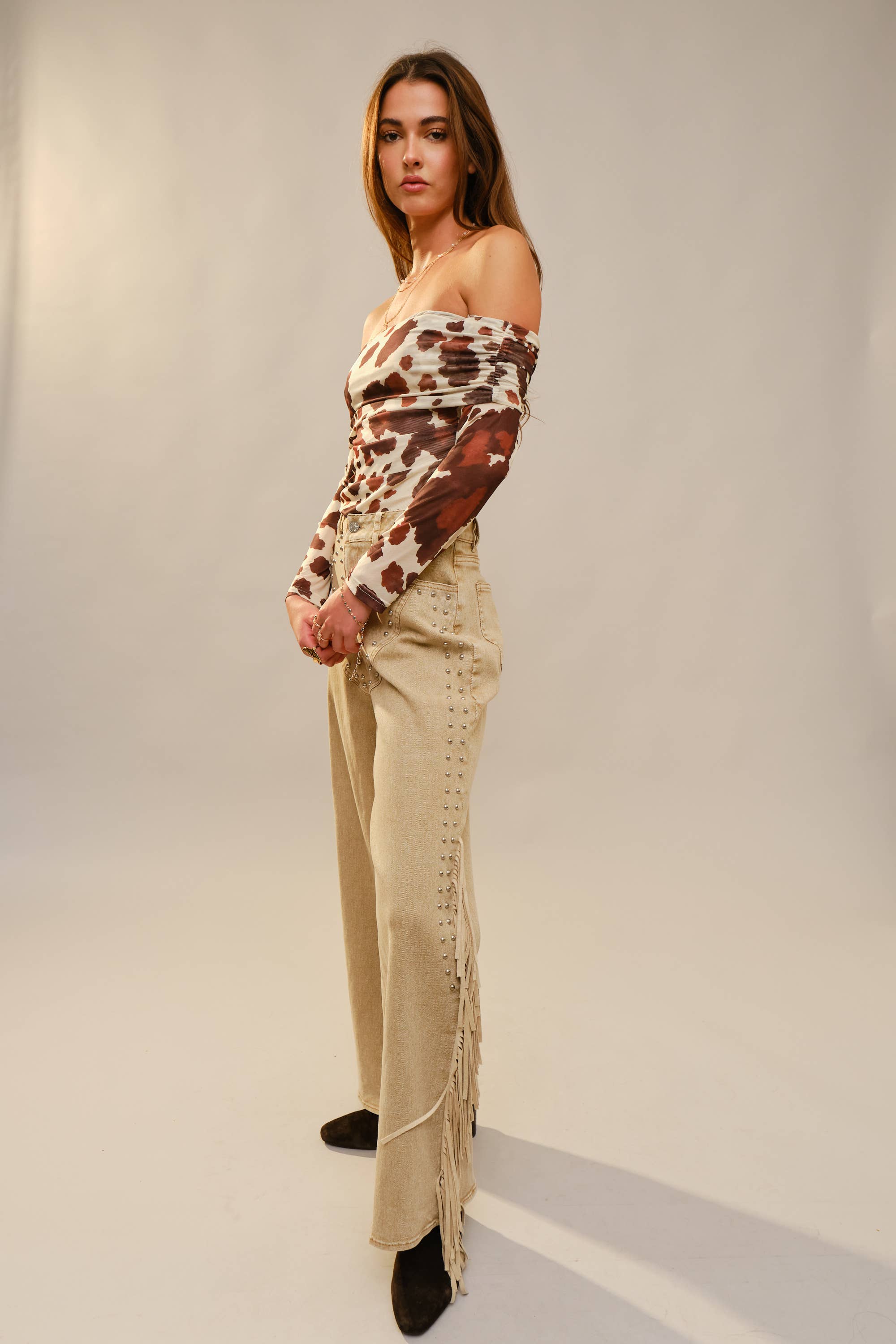 Cow Print Mesh Off Shoulder Top