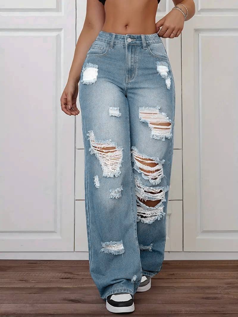 High-Waisted Straight-Leg Ripped Jeans