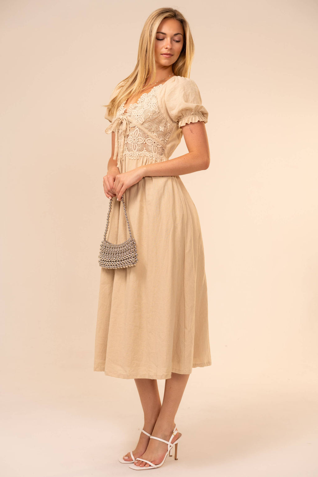 Short Sleeve Lace Scalloped Midi Dress