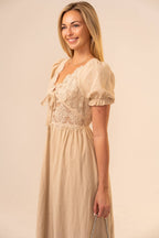 Short Sleeve Lace Scalloped Midi Dress