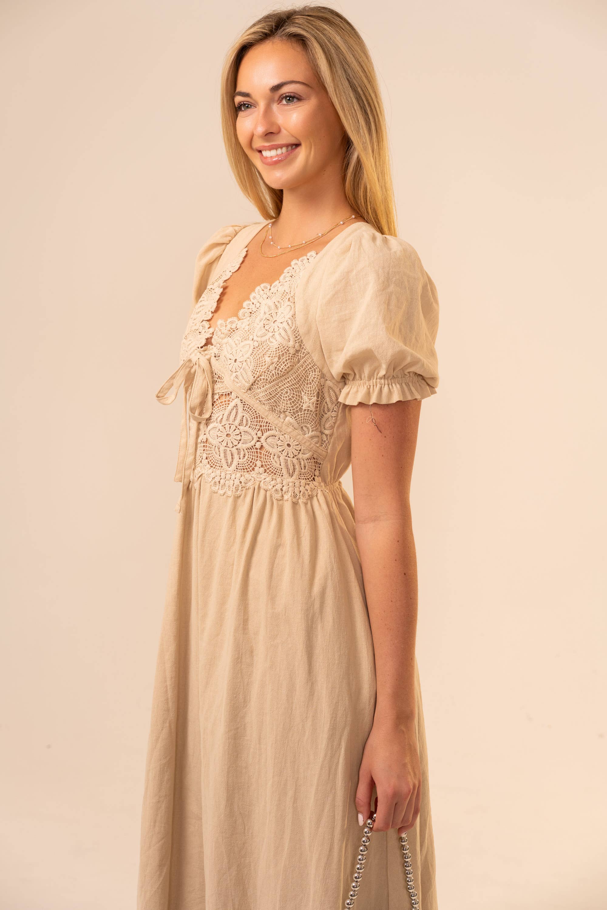 Short Sleeve Lace Scalloped Midi Dress