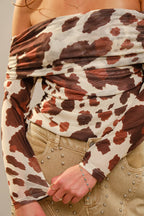 Cow Print Mesh Off Shoulder Top