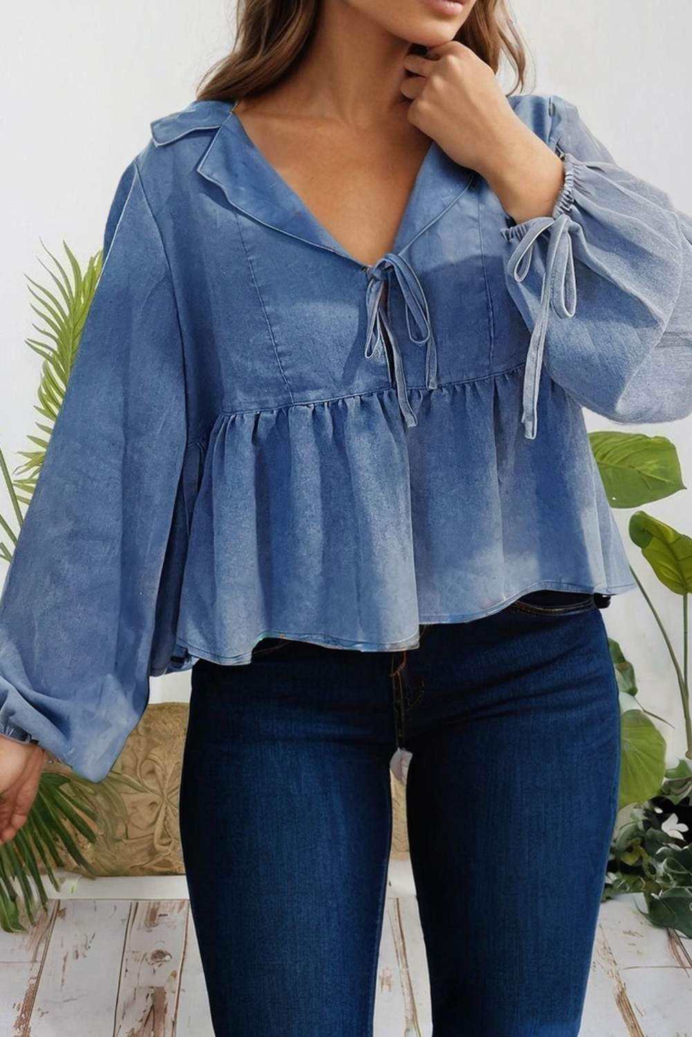 Denim Lapel Neck Balloon Sleeve Tied Peplum Top