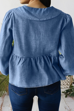Denim Lapel Neck Balloon Sleeve Tied Peplum Top