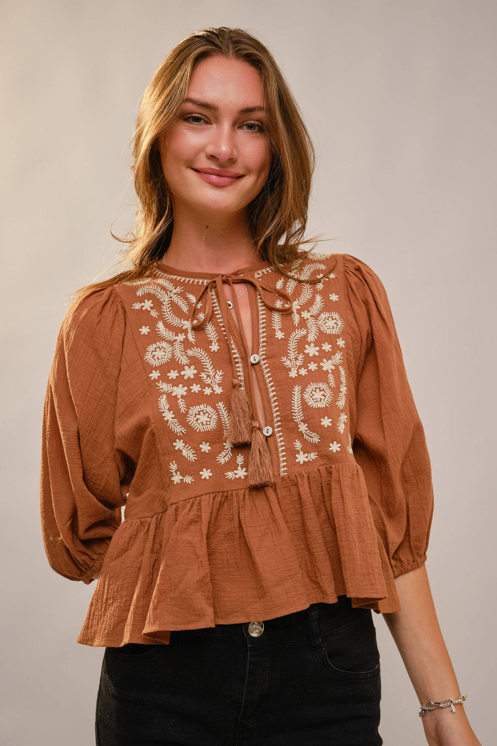 Puff Sleeve Embroidered Peplum Blouse