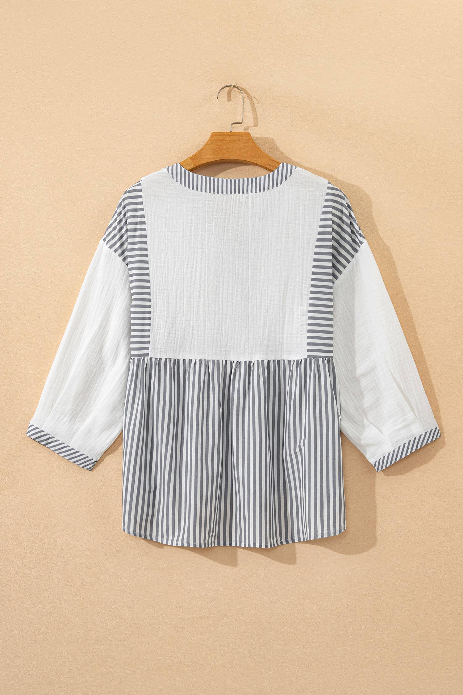 Stripe Button Gauze Bracelet Sleeve Babydoll Blouse